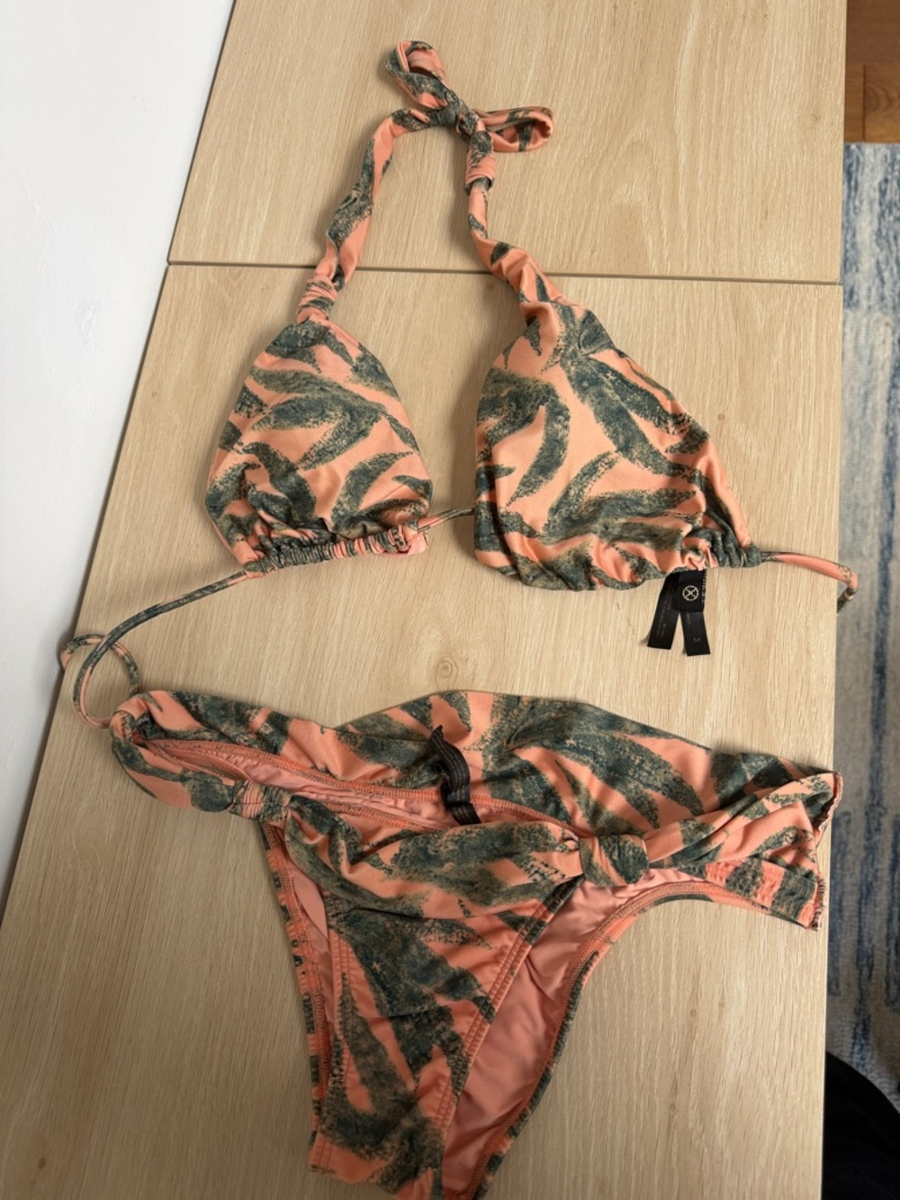 Peach & Olive Leaf Print Triangle Bikini Set